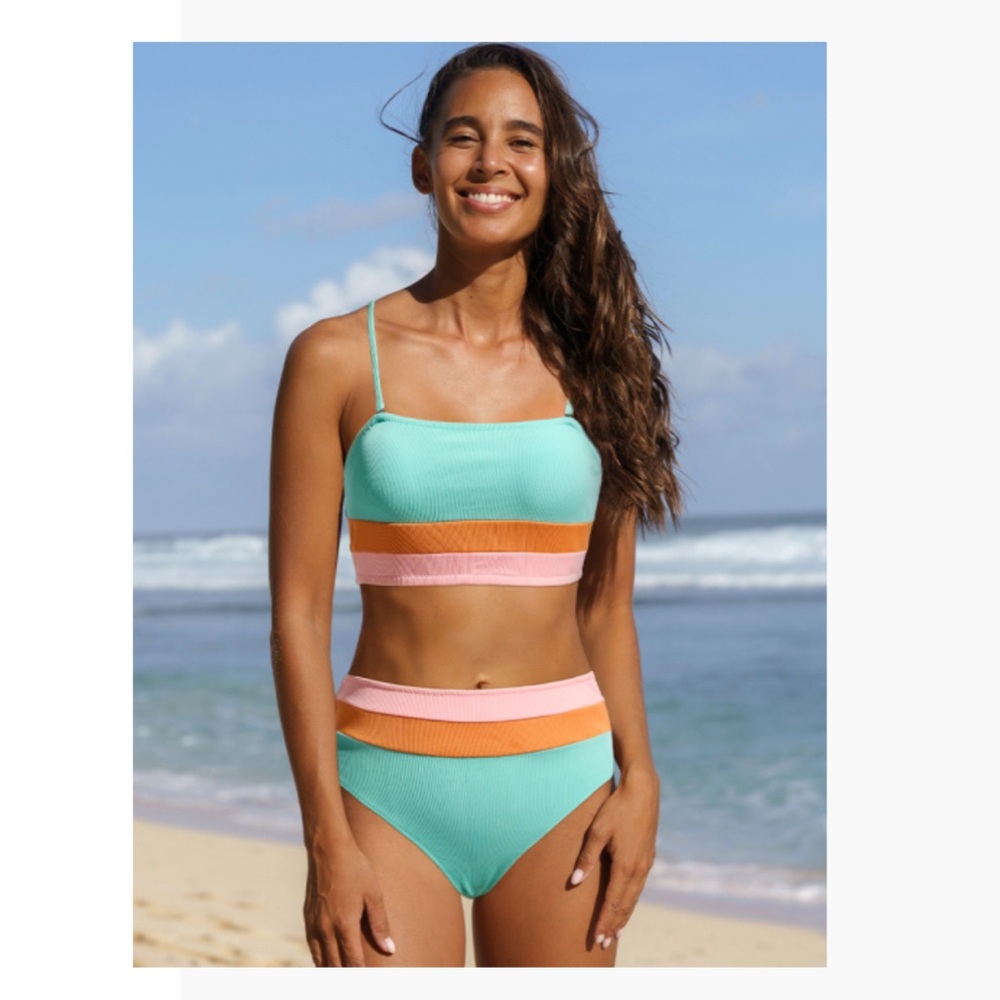 High-Waist Ribbed Bikini Set in Mint with Peach & Orange Bands